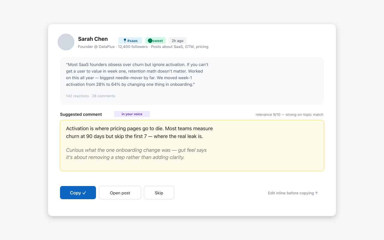 A drafted comment shown in a yellow card with the original LinkedIn post above it