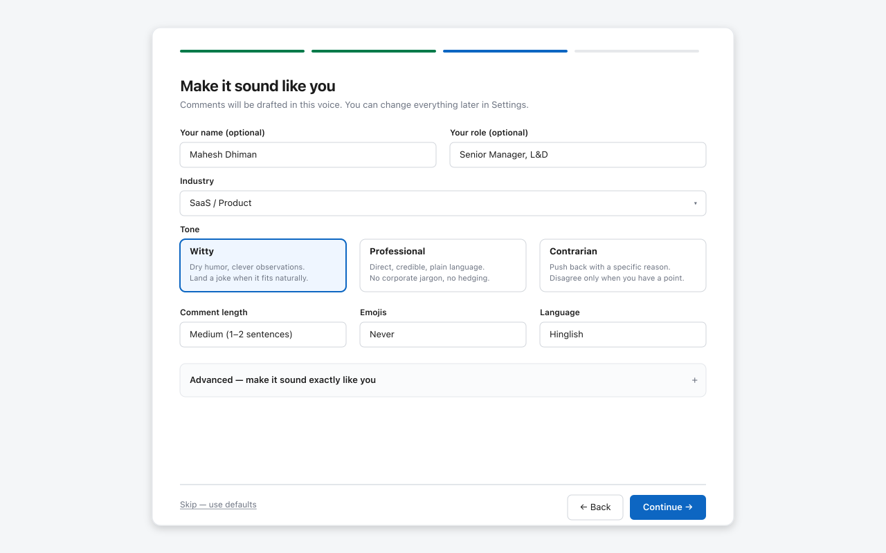Onboarding screen with industry, tone preset, length, emoji and language controls