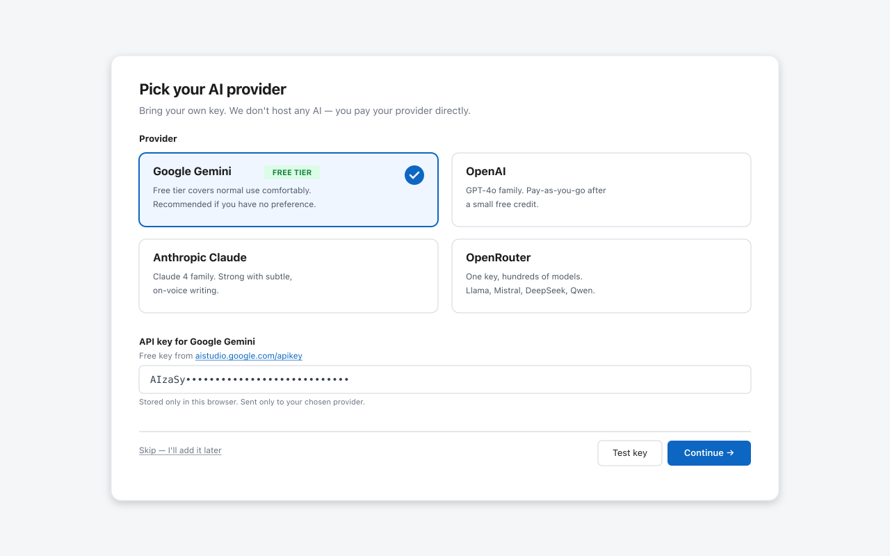 Provider picker showing Google Gemini selected with OpenAI, Anthropic, and OpenRouter as options