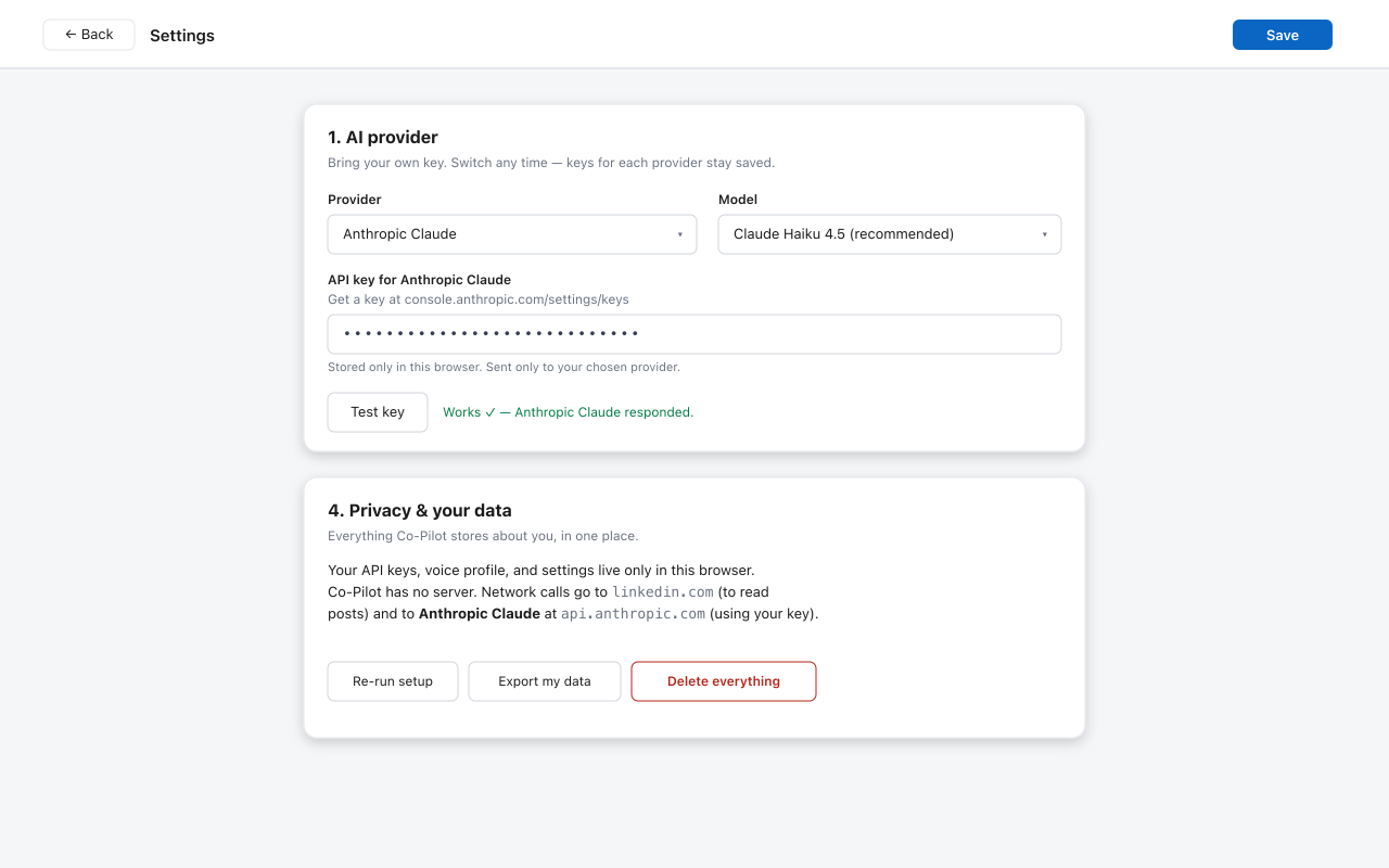 LinkedIn Co-Pilot settings for tone, language, length, and style