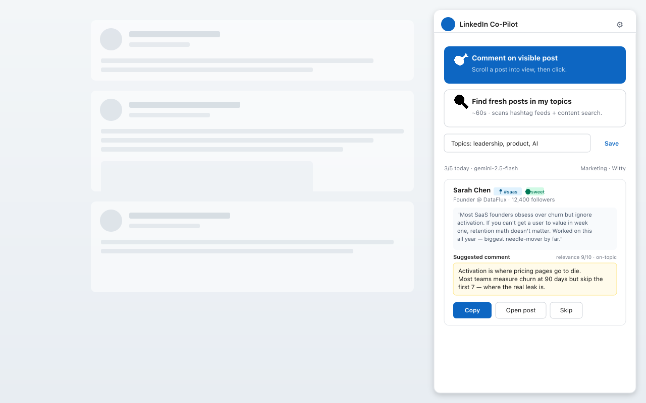 LinkedIn Co-Pilot side panel showing a drafted comment in the user's voice next to a LinkedIn post